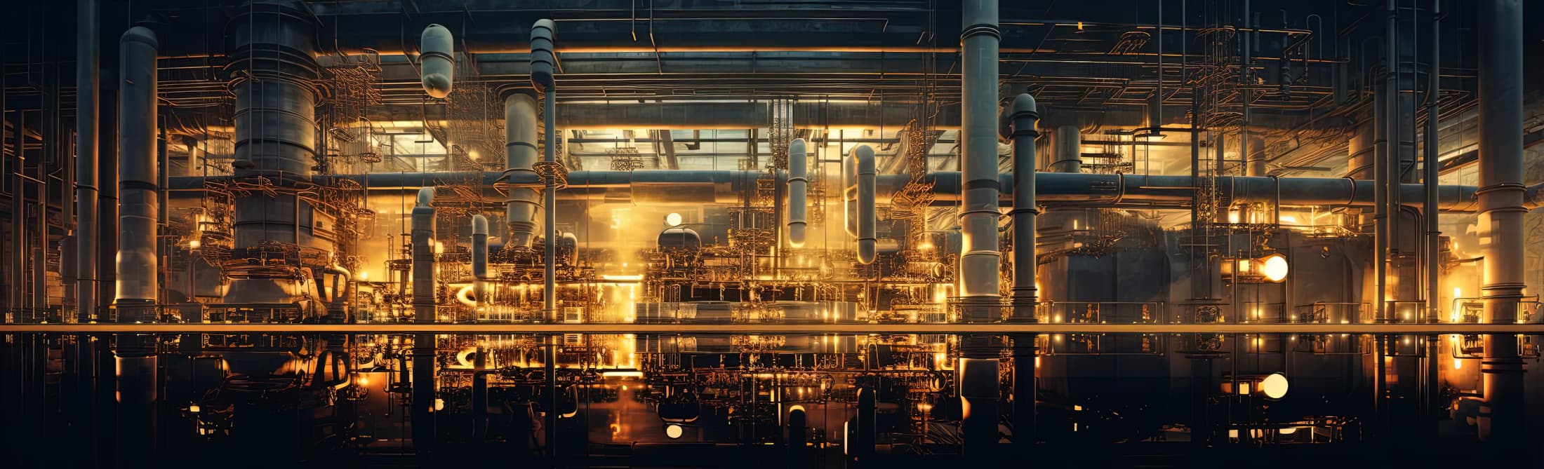 Industrial site with lightings and pipelines as focus