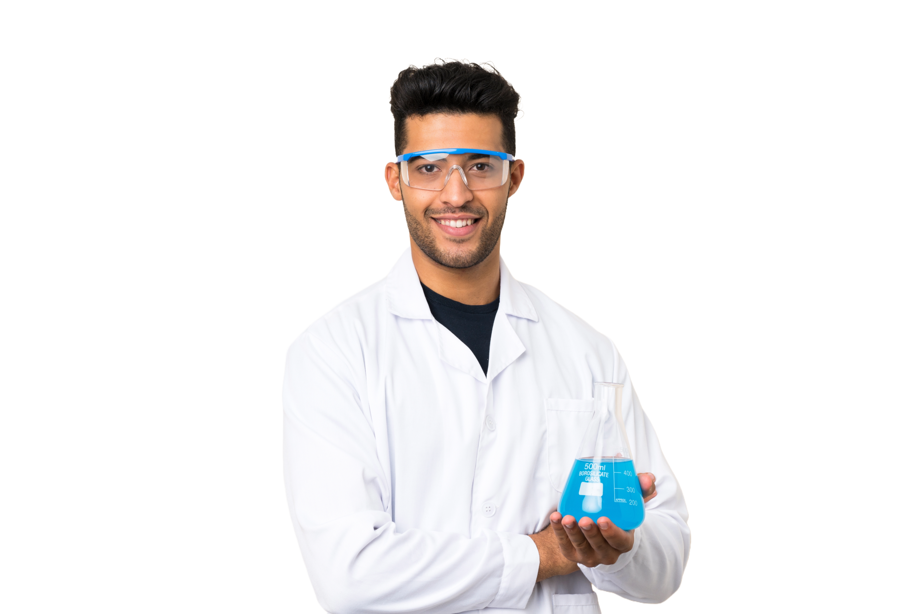Man in a lab coat with chemical in his hand smiling